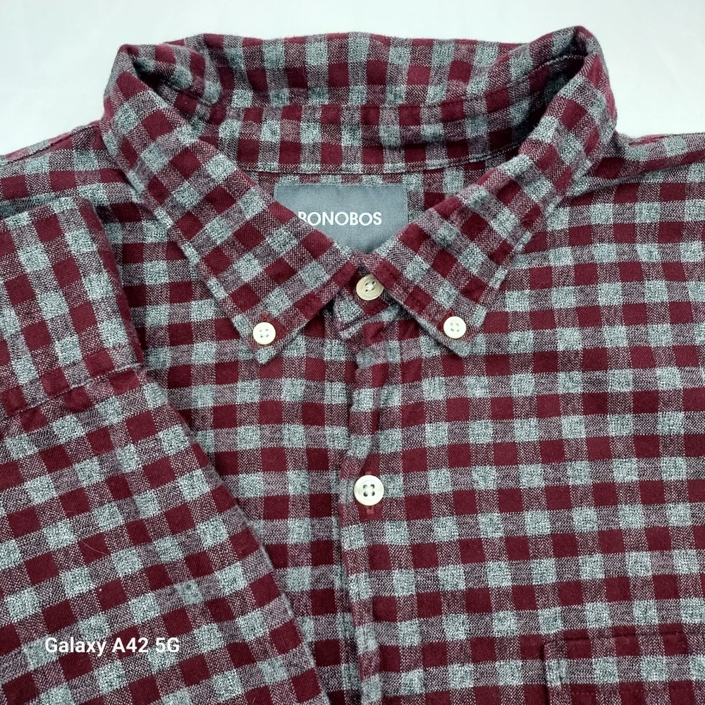 Bonobos Slim Fit XXL Gingham Button Down Shirt Burgundy Grey Cotton Long Sleeve